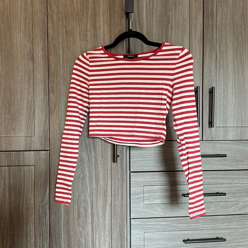 Striped Long Sleeve Crop Top with Cut Out Elbows